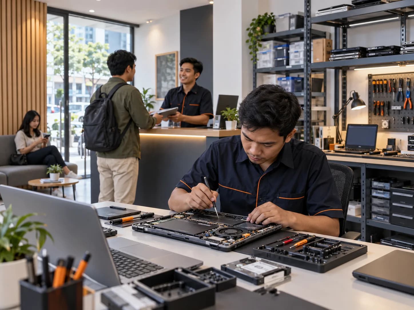 Teknisi memeriksa laptop di service center sementara pelanggan berkonsultasi di meja depan