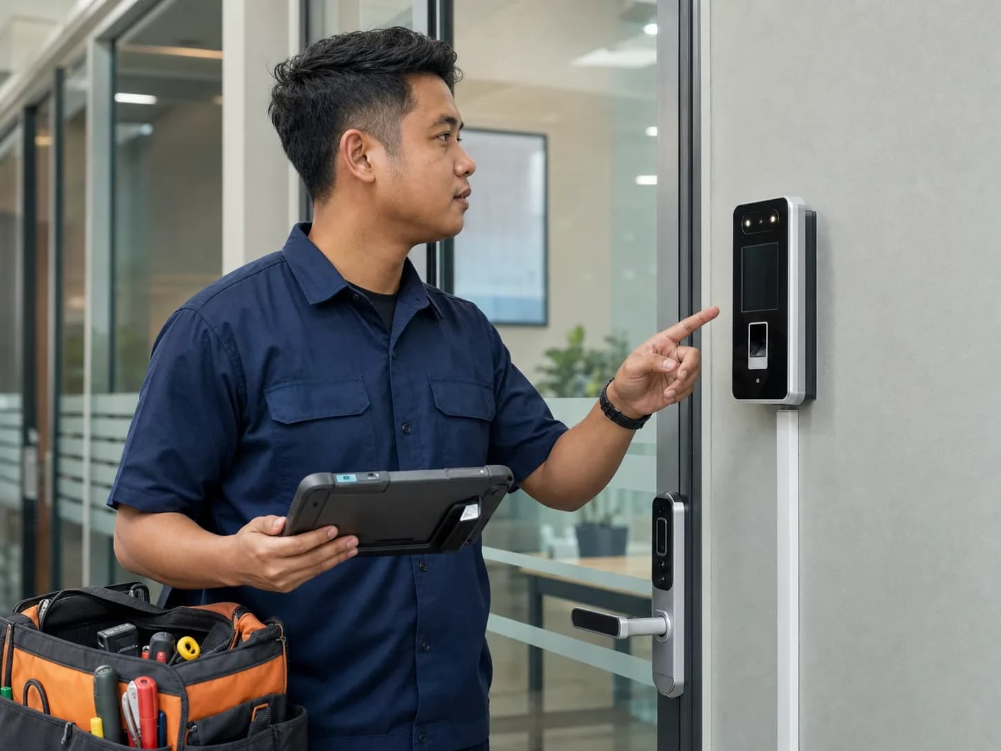 Teknisi memeriksa perangkat access control kantor